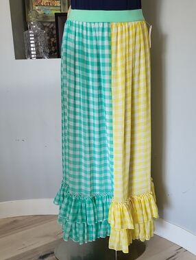 Eva Franco Lynsey Gingham Maxi Skirt in Mint & Yellow Sz M